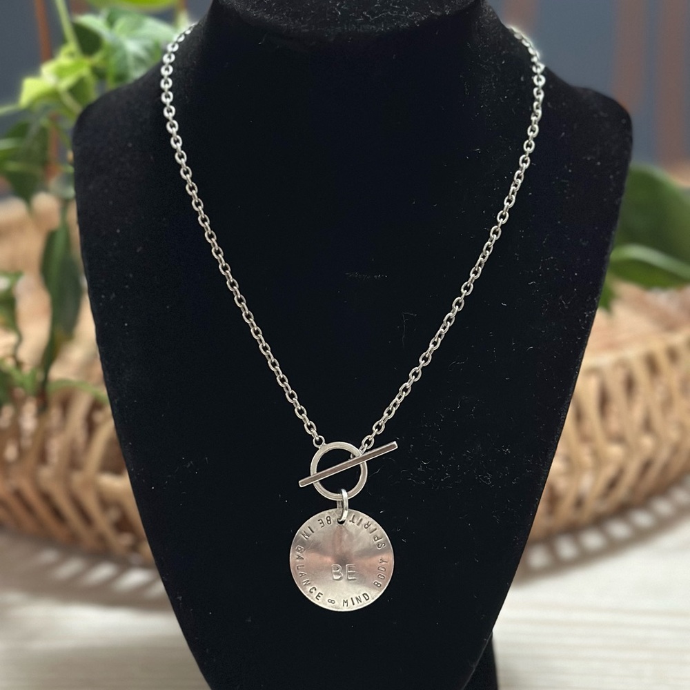 BE…”in balance, mind, body, spirit” lariat style necklace, silver (see stamp)